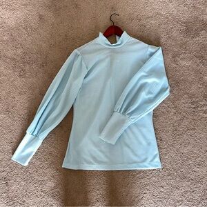 Vintage Montgomery Ward Blue Ribbed Mock Neck Long Sleeve Top 70s 80s